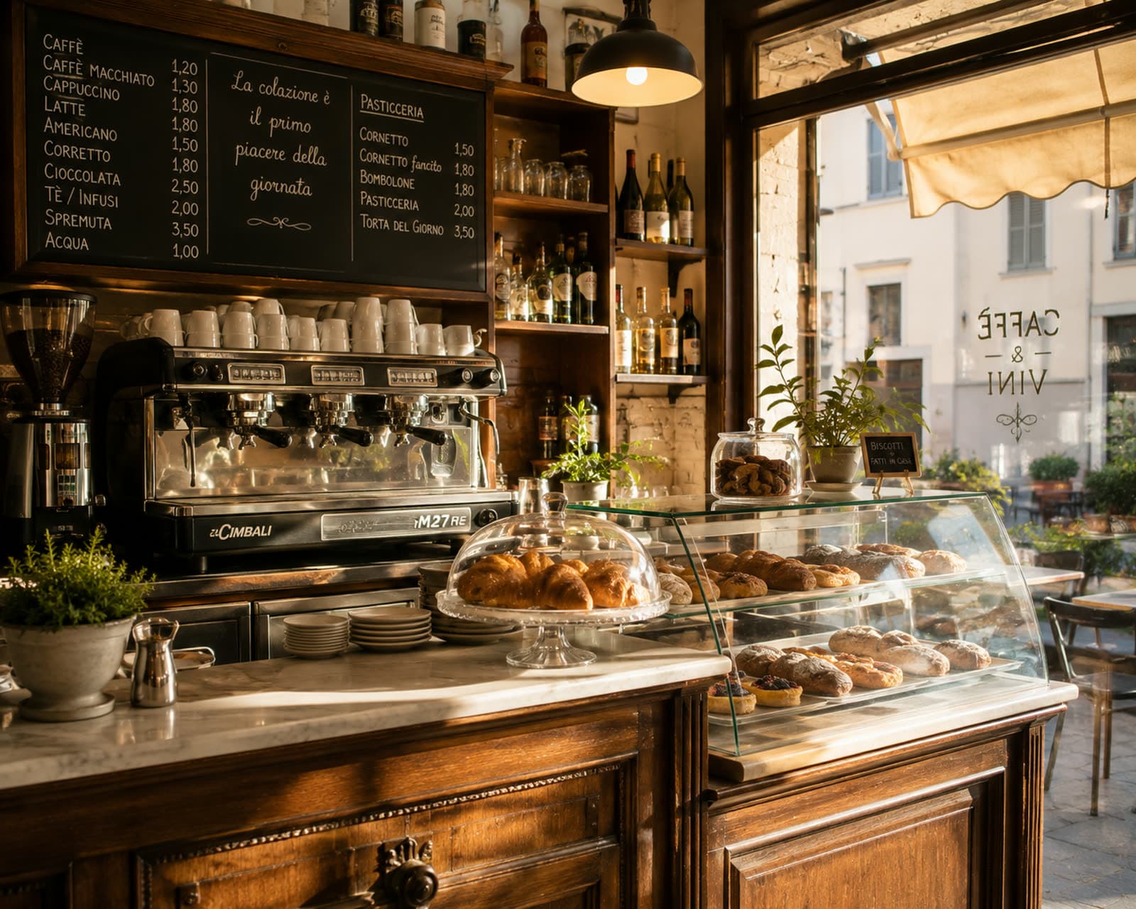 Il bancone di Bar da Salvador, tra caffè, brioche e luce del mattino